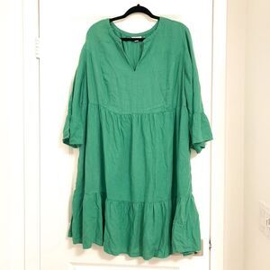 J Jill 2X Jardin Linen Blend Tiered Midi Dress Bell Sleeves Kelly Green ruffle